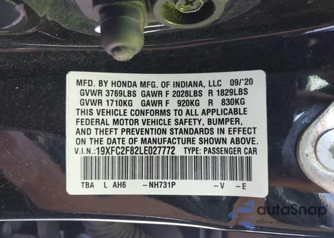 2020 Honda Civic Sport из США, поврежденный, VIN 19XFC2F82LE027772